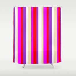 [ Thumbnail: Colorful White, Dark Orchid, Red, Fuchsia & Tan Colored Striped/Lined Pattern Shower Curtain ]