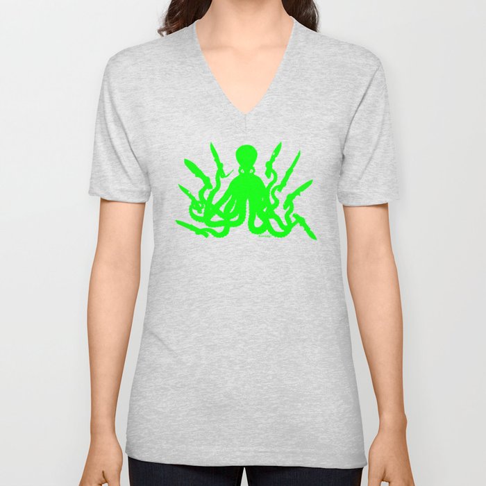 Octopus 8 Knives (toxic green) V Neck T Shirt