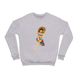 Sexy Brunette Pin Up With Straw Hat Red And Blue Vintage Dress Crewneck Sweatshirt