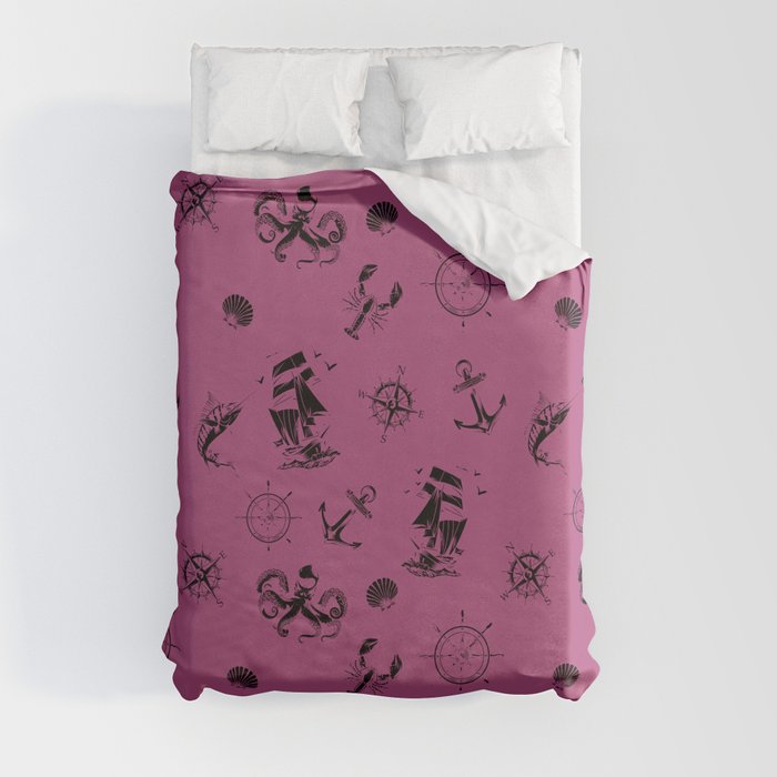 Magenta And Black Silhouettes Of Vintage Nautical Pattern Duvet Cover