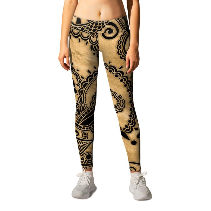 Paisley Floral  Ornament - Black and Pastel Gold Leggings