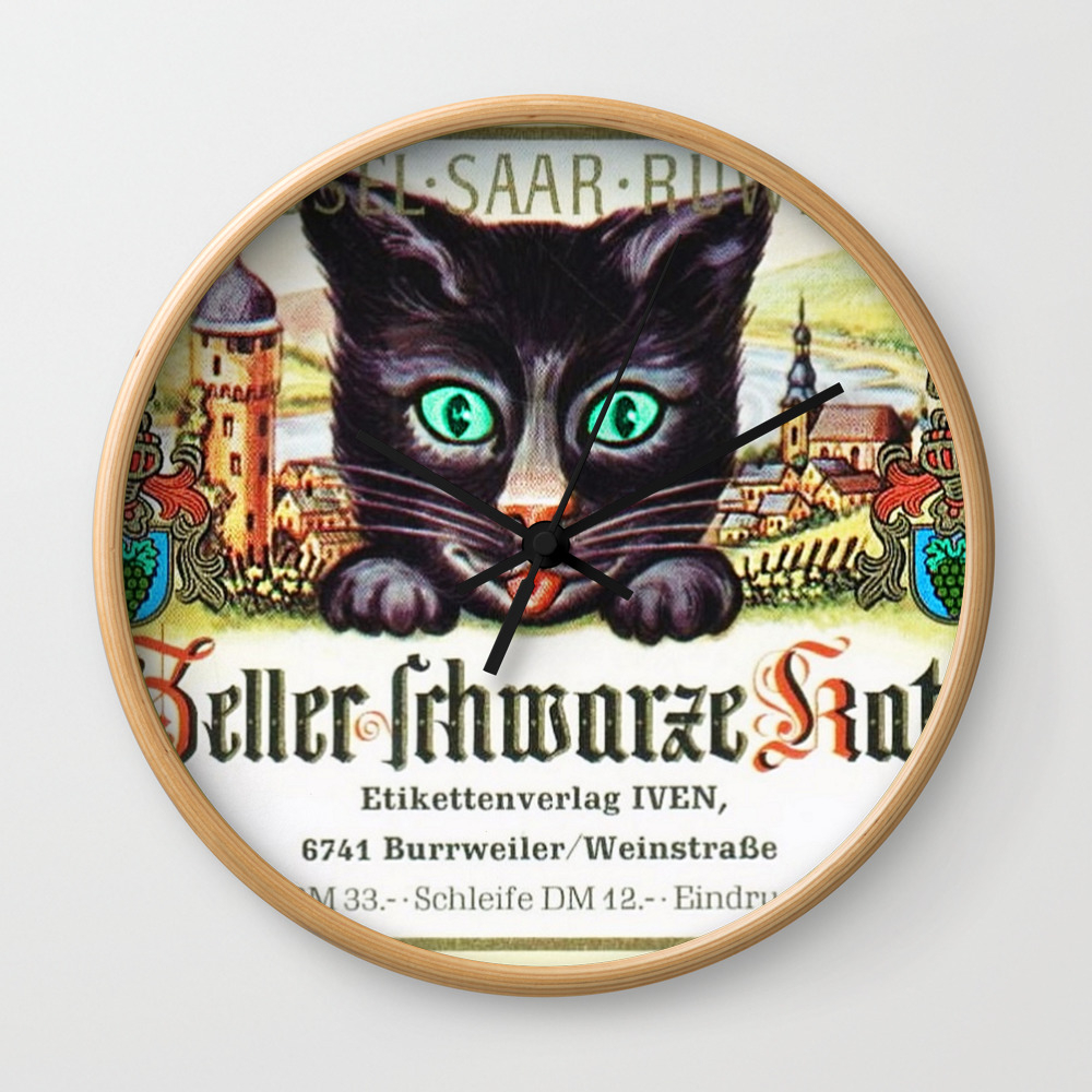 Vintage Zeller Schwarze Katz Black Cat Wine Bottle Label Print Wall Clock