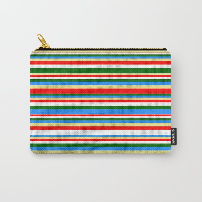 Colorful Blue, Tan, Red, White, and Dark Green Colored Striped/Lined Pattern Carry-All Pouch