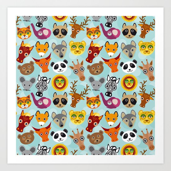 pattern with funny cute animal face on a blue background Art Print