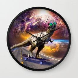 Dinosaur With Sunglasses On Skateboard In Space Wall Clock