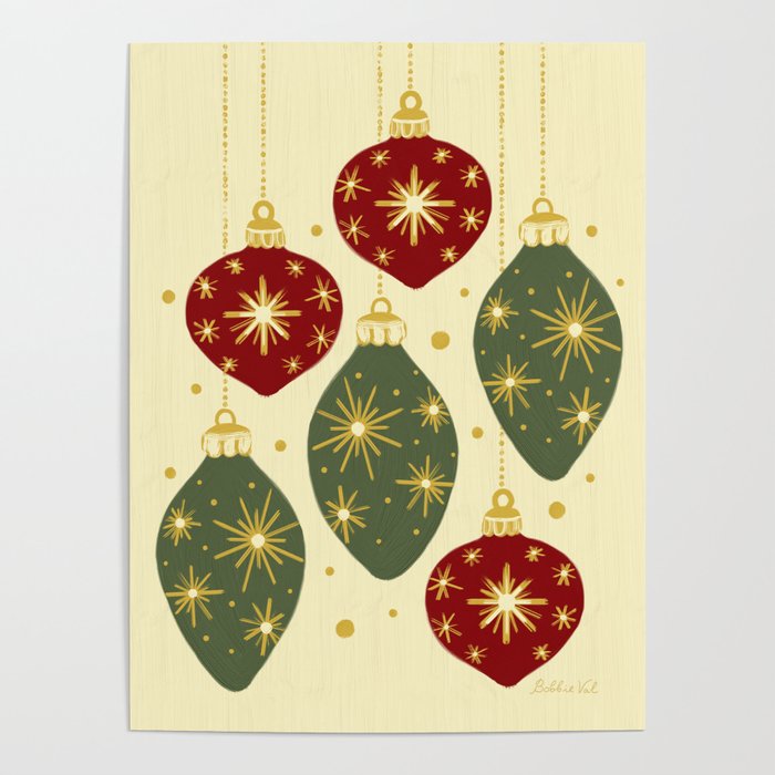 Vintage Christmas Baubles Ornaments Poster