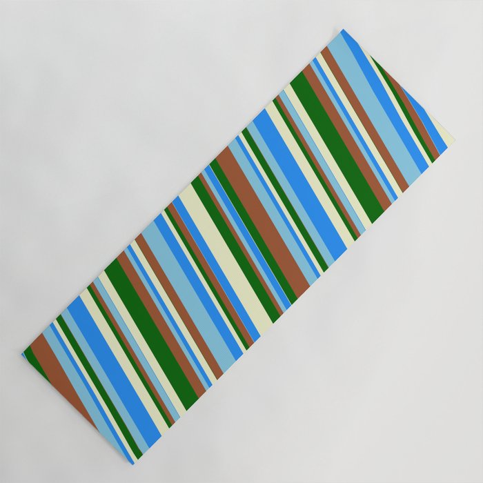 Vibrant Sienna, Sky Blue, Blue, Light Yellow, and Dark Green Colored Striped Pattern Yoga Mat
