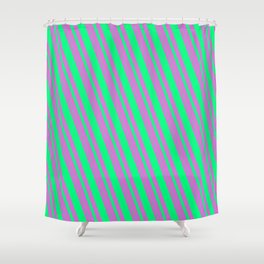 [ Thumbnail: Orchid & Green Colored Lined/Striped Pattern Shower Curtain ]