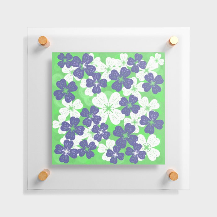 70’s Desert Flowers Periwinkle on Green Floating Acrylic Print