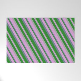 [ Thumbnail: Forest Green, Dark Gray, Plum, and Slate Gray Colored Stripes/Lines Pattern Welcome Mat ]