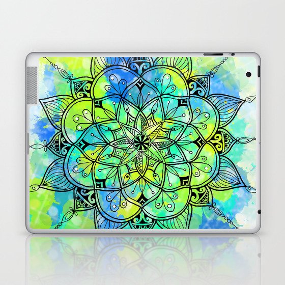 Yellow Green Blue Mandala - Paint Splatter Ray Design  Laptop & iPad Skin