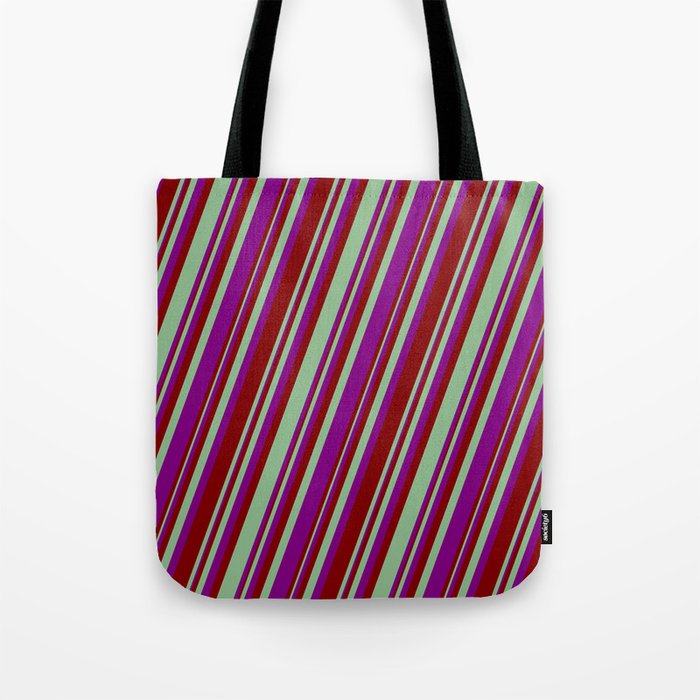Dark Sea Green, Purple, and Maroon Colored Striped/Lined Pattern Tote Bag