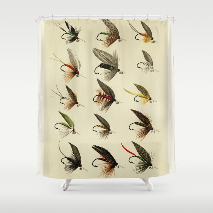 Vintage Fly Fishing Print - Trout Flies Shower Curtain by SFT Design Studio
