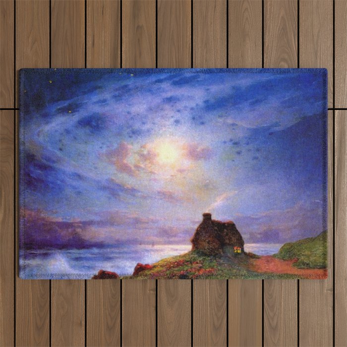 Stone Cottage by the River under Moonlight pastoral landscape painting by Ferdinand Du Puigaudeau Outdoor Rug
