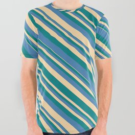 [ Thumbnail: Tan, Teal & Blue Colored Lines/Stripes Pattern All Over Graphic Tee ]