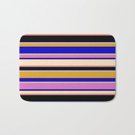 [ Thumbnail: Colorful Blue, Bisque, Goldenrod, Orchid, and Black Colored Stripes Pattern Bath Mat ]