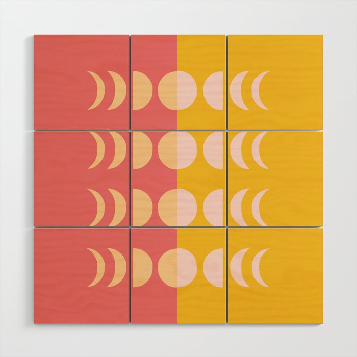 Moon Phases 24 in Coral Beige Mustard Pale Pink Wood Wall Art