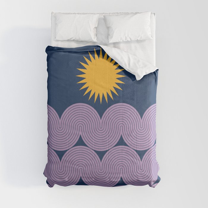 Mid Century Modern Geometric 155 Sun Rainbow abstract in Midnight Blue Yellow Purple Comforter