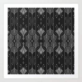 Art Deco Leaf Shapes Black Grey Art Print