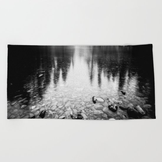 Forest Reflection Lake - Black and White Nature Water Reflection Beach Towel