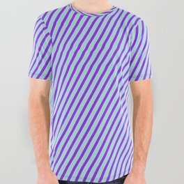 [ Thumbnail: Powder Blue & Purple Colored Stripes Pattern All Over Graphic Tee ]