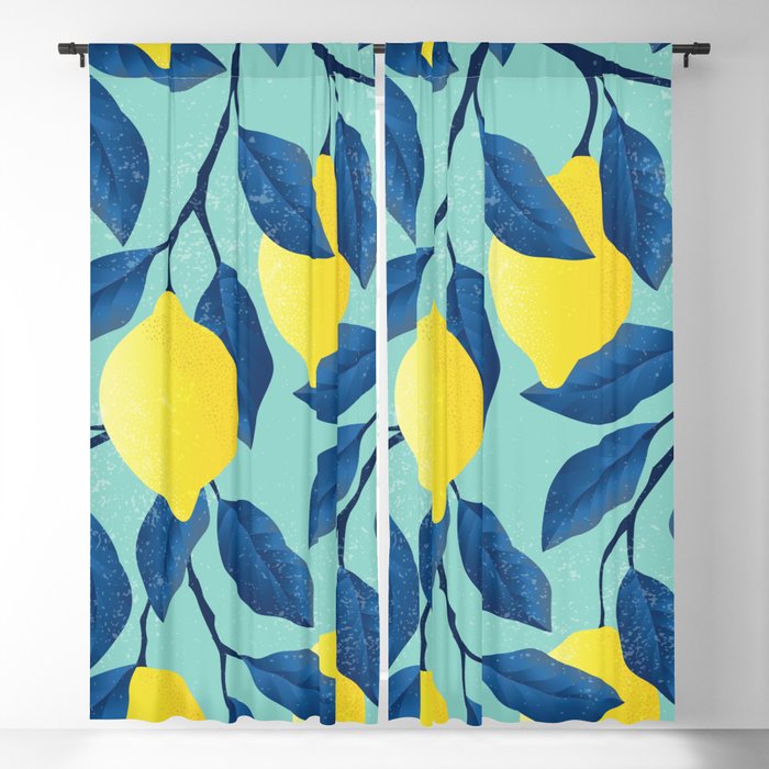 Vintage yellow lemon on the branches with leaves and blue sky hand drawn illustration pattern Blackout Curtain