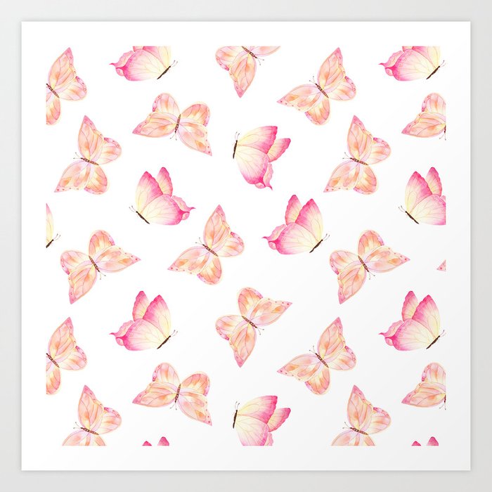 Hand Painted Pink Coral Watercolor Pretty Butterflies Art Print By