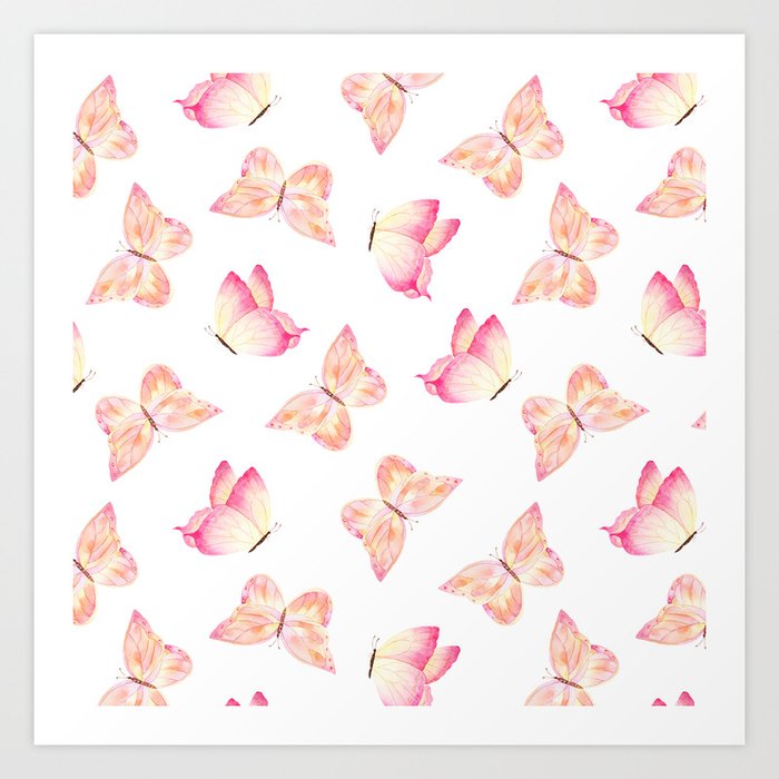 Hand painted pink coral watercolor pretty butterflies Art Print by