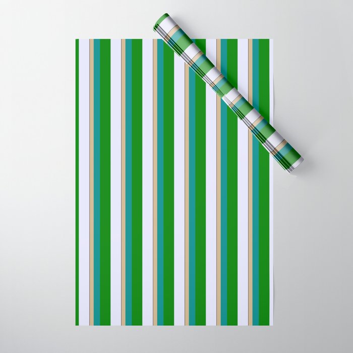 Vibrant Tan, Dark Cyan, Green, Lavender & Black Colored Striped/Lined Pattern Wrapping Paper