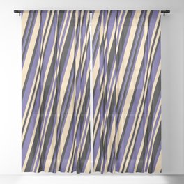 [ Thumbnail: Dark Slate Blue, Tan & Black Colored Pattern of Stripes Sheer Curtain ]