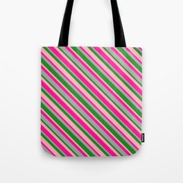 [ Thumbnail: Deep Pink, Dark Gray, Forest Green, and Light Pink Colored Lines/Stripes Pattern Tote Bag ]