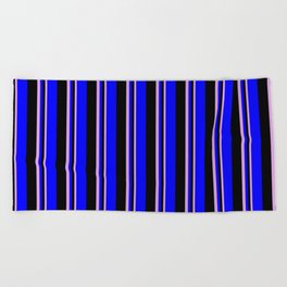 [ Thumbnail: Plum, Black, and Blue Colored Lines Pattern Beach Towel ]