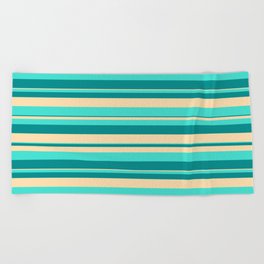 [ Thumbnail: Dark Cyan, Tan & Turquoise Colored Pattern of Stripes Beach Towel ]