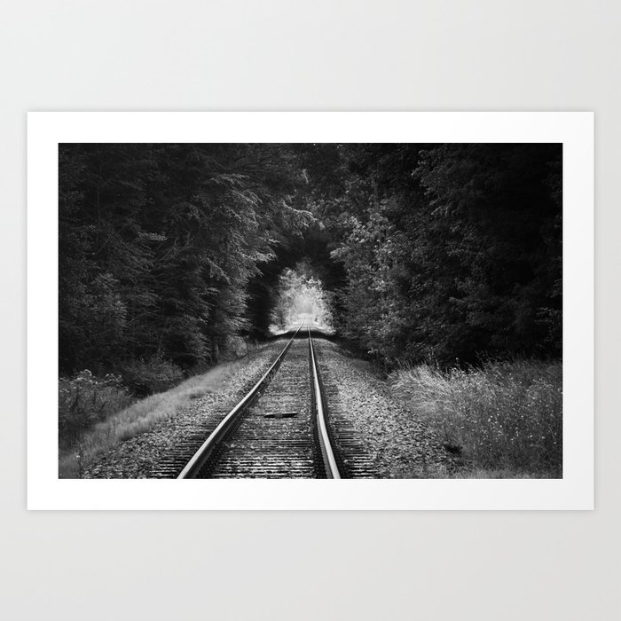 Don't go riding on the long black train; lonely railroad tracks through natural tunnel of leafy trees black and white photograph - photography - photographs Art Print