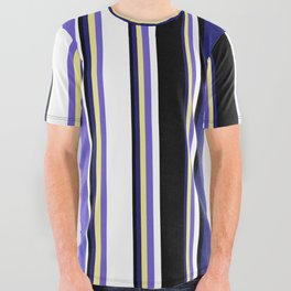 [ Thumbnail: Colorful Midnight Blue, Tan, Slate Blue, White, and Black Colored Lined/Striped Pattern All Over Graphic Tee ]