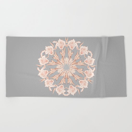 Rose Gold Gray Lilies Mandala Beach Towel