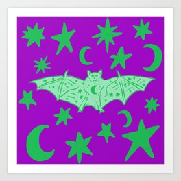 Mystical Halloween Bat, Green over Purple Art Print