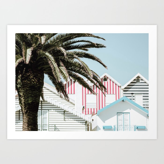 Candy Striped Beach Houses -  Palm Tree - Europe Travel photography by Ingrid Beddoes Art Print