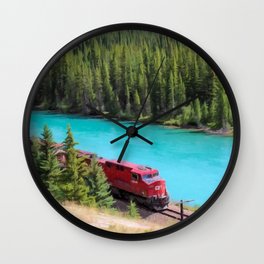 The Rocky Mountaineer railroad train riverside between Vancouver and Banff National Park; Canadian Rocky Mountains - Lake Louise landscape painting Wall Clock