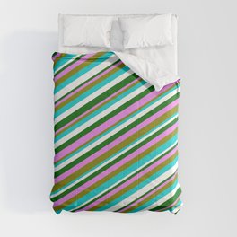 [ Thumbnail: Colorful Violet, Green, Dark Turquoise, White & Dark Green Colored Lines/Stripes Pattern Comforter ]