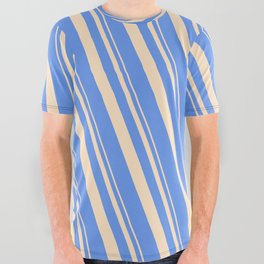 [ Thumbnail: Bisque and Cornflower Blue Colored Striped/Lined Pattern All Over Graphic Tee ]