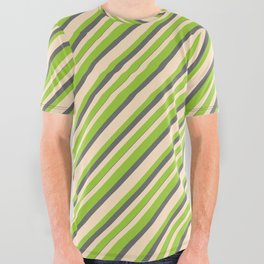 [ Thumbnail: Bisque, Green & Dim Gray Colored Pattern of Stripes All Over Graphic Tee ]
