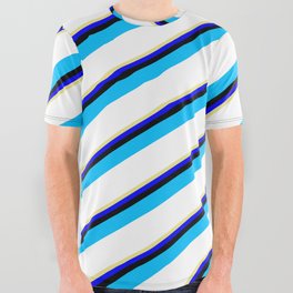 [ Thumbnail: Vibrant Tan, Blue, Black, Deep Sky Blue, and White Colored Striped/Lined Pattern All Over Graphic Tee ]