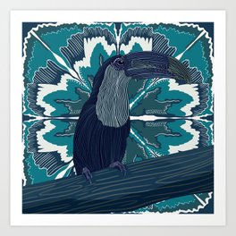 Toucan sitting on a abstract blue flower leaf design Art Print