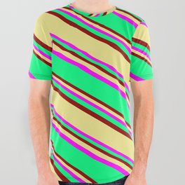 [ Thumbnail: Fuchsia, Green, Dark Red & Tan Colored Lines Pattern All Over Graphic Tee ]