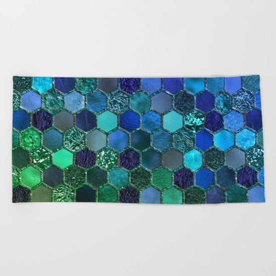 Blue & green geometric hexagonal elegant & luxury pattern Beach Towel