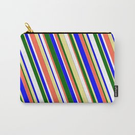 [ Thumbnail: Vibrant Blue, Tan, Dark Green, Red, and White Colored Stripes/Lines Pattern Carry-All Pouch ]