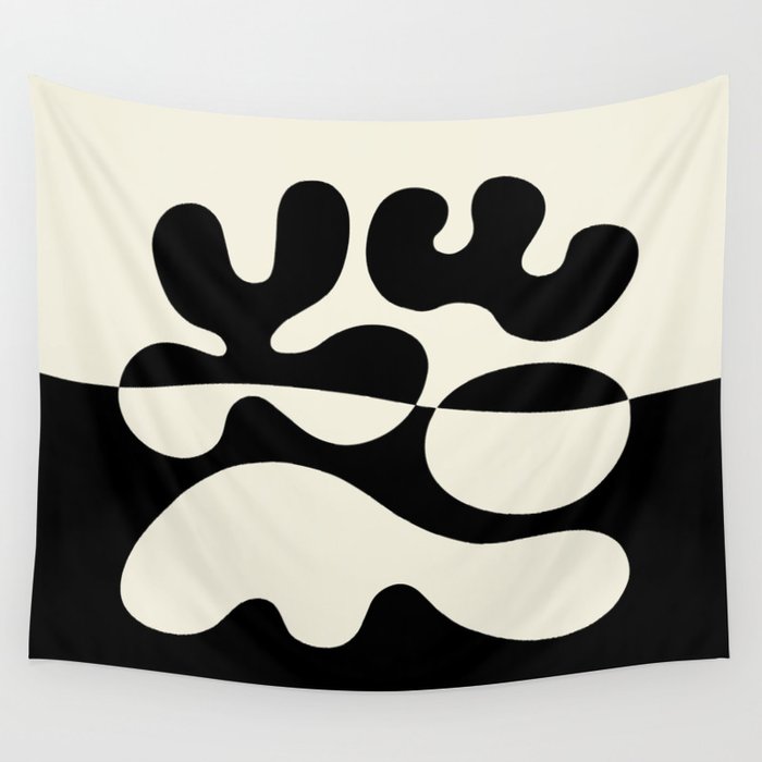 Mid Century Modern Organic Abstraction 235 Black and Ivory White Wall Tapestry