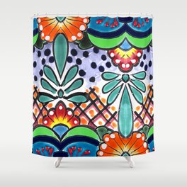 Colorful Talavera, Green Accent, Large, Mexican Tile Design Shower Curtain