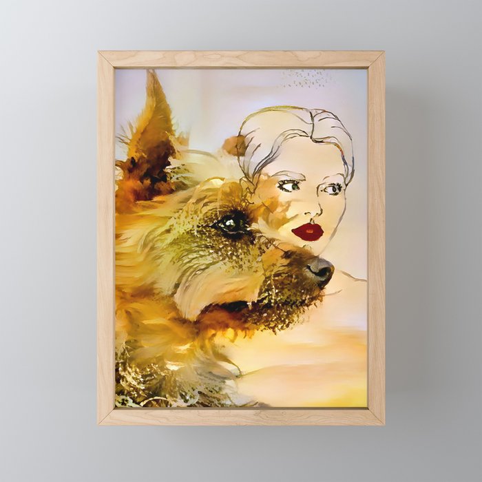 A young woman portrait with her dog - artistic illustration design Framed Mini Art Print